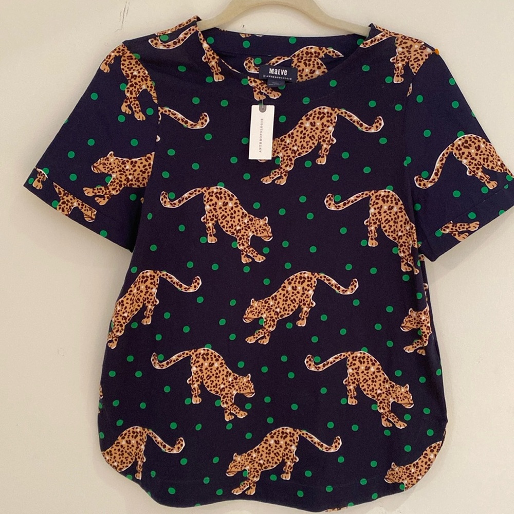 Anthropologie Navy Leopard Print Short Sleeve Tee